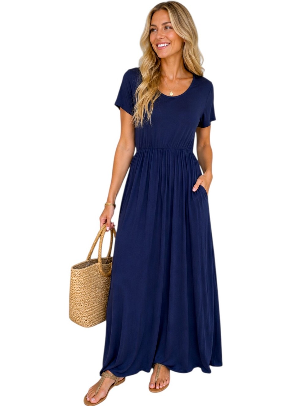 Women's Navy Short Sleeve Maxi Dress with Pockets